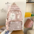 Pink cute star backpack with transparent pocket and plush charm, multi-layer school bag for girls. - Pink With Pendant
