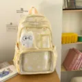 Cute yellow star pattern student backpack with clear front pocket and cute plush pendant. - Yellow with Pendant