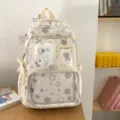 Japanese style cute star print school backpack with clear front pocket and plush pendant for girls. - White With Pendant
