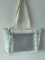 Japanese style white ita tote bag detail, featuring clear mesh pocket and cute blue ribbons. - Beige (Green Ribbon)