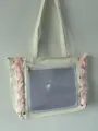 Bolso tipo shopper Ita estilo japonés JK con bolsillo de red transparente y lindos cintas rosas laterales. - Sin Correa Larga / Beige (Cinta Rosa)