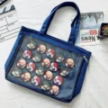 Dark blue canvas ita bag with transparent front pocket and anime character badges for daily use. - Dark Blue