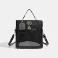 Black PU leather box pain bag with clear display window, heart embroidery, and strap. - With Support Plate Convertible Style / Black