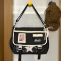 Bolso de lona estilo japonés negro y blanco bolso cruzado lindo bolso escolar para estudiantes - Sin colgante / Negro