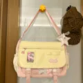 Japanese ins cute colorblock shoulder bag, large capacity canvas messenger bag for students - Pink