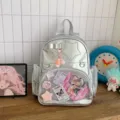 Mochila ita-bag metálica plateada con bolsillo transparente, bolso informal para estudiantes. - Plateado