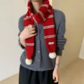 Korean style knit striped scarf with pom poms for women, warm winter neck warmer. - 10X162cm / Red