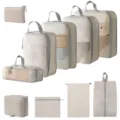 Reise Packtaschen Set, beige Koffer-Organizer für Kleidung, Schuhe und Kosmetikartikel. - 5-Teiliges Set + Schuhbeutel + Flache Tasche + Kulturbeutel + Digitale Tasche + Kordelzugtasche / 10-Teiliges Set Beige