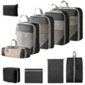 Reise Organizer Set Kompression Packtaschen für Koffer Kleidung Schuhe schwarz neu. - 5-Teiliges Set + Schuhbeutel + Flache Tasche + Kulturbeutel + Digitale Tasche + Kordelzugtasche / 10-Teiliges Set Schwarz