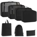 7-piece black travel packing cubes set, portable luggage organizers with mesh window. - Black