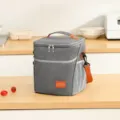 Thickened insulated lunch bag, portable gray cooler bag with orange straps and pockets. - Gray