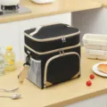 Double layer insulated lunch bag, black and beige portable cooler bag with shoulder strap. - Black