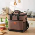Bruine geisoleerde lunchtas met verstelbare schouderriem, grote koeltas voor picknick. - Bruin