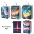 Aurora print 5-piece travel storage bag set, compression packing cubes and drawstring pouch. - Aurora Landscape