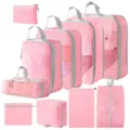 Rosa Reise-Packtaschen Kompressionsset, Organizer für Kleidung und Schuhe im Set. - 5-Teiliges Set + Schuhbeutel + Flache Tasche + Kulturbeutel + Digitale Tasche + Kordelzugtasche / 10-Teiliges Set Rosa