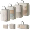 Reiseorganizer Kompression Set Packtaschen, beigefarbene Netztaschen für Kleidung. - 5-Teiliges Set + Digitale Tasche + Kulturbeutel / 7-Teiliges Set Beige