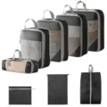 Reise-Packtaschen Kompressionsset Koffer Organizer Taschen für Kleidung Schuhe schwarz - 5-Teiliges Set + Kordelzugtasche + Schuhbeutel + Flache Tasche / 8-teiliges Set - Schwarz