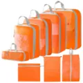 Orangenes Reisekoffer Organizer Set, Kompressions Packtaschen fuer Kleidung, Schuhe und Gepaeck. - 5-Teiliges Set + Kordelzugtasche + Schuhbeutel + Flache Tasche / 8-Teiliges Set Orange