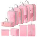 Rosa Reise Packtaschen Set Kompression Organizer für Kleidung, Schuhe und Kosmetik. - 5-Teiliges Set + Schuhbeutel + Flache Tasche + Kulturbeutel + Kordelzugtasche / 9-teiliges Set Rosa