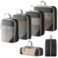 Reise Packtaschen Set in verschiedenen Größen Kompressions Organizer für Kleidung und Schuhe. - 5-Teiliges Set + Schuhbeutel / Schwarzes Set