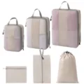 Reise Kompression Packtaschen Set mit mehreren Größen Netz Aufbewahrung Beutel für Koffer. - 3-Teiliges Set + Schuhbeutel + Kordelzugbeutel + Flache Tasche [6-Teilig Beige]