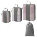 Reise Packtaschen Set mit Kompressions Netzbeuteln und Kordelzugtasche in Grau und Rosa. - 3-Teiliges Set + Kordelzugbeutel [4-Teilig Grau]