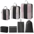Reise Packtaschen Set Kompression Koffer Organizer Taschen für Kleidung Aufbewahrung. - 3-Teiliges Set + Schuhbeutel + Kordelzug + Flache Tasche + Kulturbeutel [7-Teilig Schwarz]