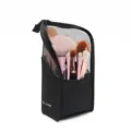 Portable black mesh makeup brush bag, travel toiletry pouch with zipper and standing design. - Black