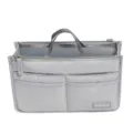 Grey insert bag organizer with double zippers and multiple pockets for travel and handbag storage. - S / Gray