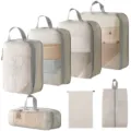 Reise Packtaschen Set mit Netffenster, beige Organizer Taschen für Koffer Kleidung. - 5-Teiliges Set + Kordelzugtasche + Schuhbeutel / 7-Teiliges Set Beige