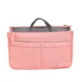 Pink fabric insert bag with double zippers, portable handle and multiple storage pockets. - S / Pink