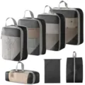 Reise-Packtaschen Set, Kompressions-Kofferorganizer für Kleidung, Schuhe und Kosmetik. - 5-Teiliges Set + Kordelzugtasche + Schuhbeutel / 7-teiliges Set - Schwarz