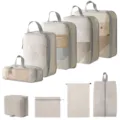 Beige Reisekoffer Organizer Set, Kompressions Packtaschen für Kleidung, Schuhe und Kosmetik. - 5-Teiliges Set + Schuhbeutel + Flache Tasche + Kulturbeutel + Kordelzugtasche / 9-Teiliges Set Beige