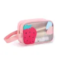 Pink portable travel toiletry bag with clear window and cute strawberry pattern design. - Small Side Handle / Strawberry Pink