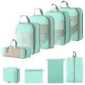 Reise Packtaschen Set Kompression Koffer Organizer Taschen für Kleidung und Schuhe - 5-Teiliges Set + Schuhbeutel + Flache Tasche + Kulturbeutel + Kordelzugtasche / 9-Teiliges Set See Blau