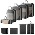 Reise Packtaschen Kompression Set Aufbewahrungstaschen für Kleidung Gepäck Organizer. - 5-Teiliges Set + Schuhbeutel + Flache Tasche + Kulturbeutel + Kordelzugtasche / 9-Teiliges Set Schwarz