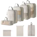 Reise-Packwürfel-Set Kompressionstaschen für Kleidung, Schuhe und Gepäck-Organizer. - 5-Teiliges Set + Kordelzugtasche + Schuhbeutel + Flache Tasche / 8-Teiliges Set Beige