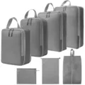 Grijs reistassen organizer set, compressie pakzakken voor reiskoffers en bagage sorteren. - 4-Delige Set + Trekkoordszak + Schoontas + Platte Zak 7-Delige Set Grijs