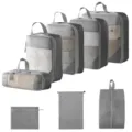 Graue Reise Packtaschen Set Kompression Organizer für Kleidung, Schuhe und Gepäck Zubehör. - 5-Teiliges Set + Kordelzugtasche + Schuhbeutel + Flache Tasche / 8-teiliges Set - Grau
