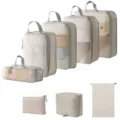 Reise-Packwürfel Kompressions-Set Organizer Koffer-Taschen für Kleidung Schuhe Kosmetik - 5-Teiliges Set + Digitale Tasche + Kulturbeutel + Kordelzugtasche / 8-Teiliges Set Beige