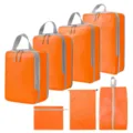 Set van 8 oranje reisinpakblokken, compressie bagage-organizers voor kleding en schoenen. - 4-Delige Set + Trekkoordszak + Schoontas + Platte Zak 7-Delige Set Oranje