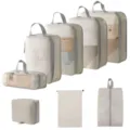 Reise Packtaschen Set Kompression Aufbewahrungstaschen Koffer Organizer fuer Kleidung Schuhe - 5-Teiliges Set + Schuhbeutel + Kordelzugtasche + Kulturbeutel / 8-Teiliges Set Beige