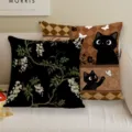 Fodera per cuscino vintage con gatto nero carino e stampa floreale per divano soggiorno. - 35x35cm (Senza Imbottitura) Stile Mid-Century 295-01 / BZT002