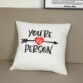 Detail shot of a white plush throw pillow cover with love heart and English quote text. - 18x18 Inch / Style 3
