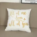 White decorative cushion cover featuring gold romantic text displayed on a sofa detail. - 18x18 Inch / Style 4