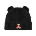 Black knitted beanie hat with cute bear ears and embroidered bear detail for winter warmth - M (56-58cm) / Black