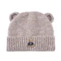 Cute bear ear knitted beanie detail, warm fluffy winter hat with cute embroidered bear design. - M (56-58cm) / Khaki