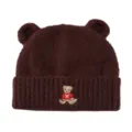 Brown knit bear ear beanie hat detail view, cute embroidered patch and thick warm winter fabric. - M (56-58cm) / Coffee