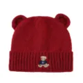 Close-up of wine red knitted beanie with cute bear ears and embroidered bear detail. - M (56-58cm) / Burgundy