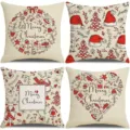 Christmas linen throw pillow cover detail view featuring festive holiday red white print. - 45x45cm (Without Insert) / Style 4